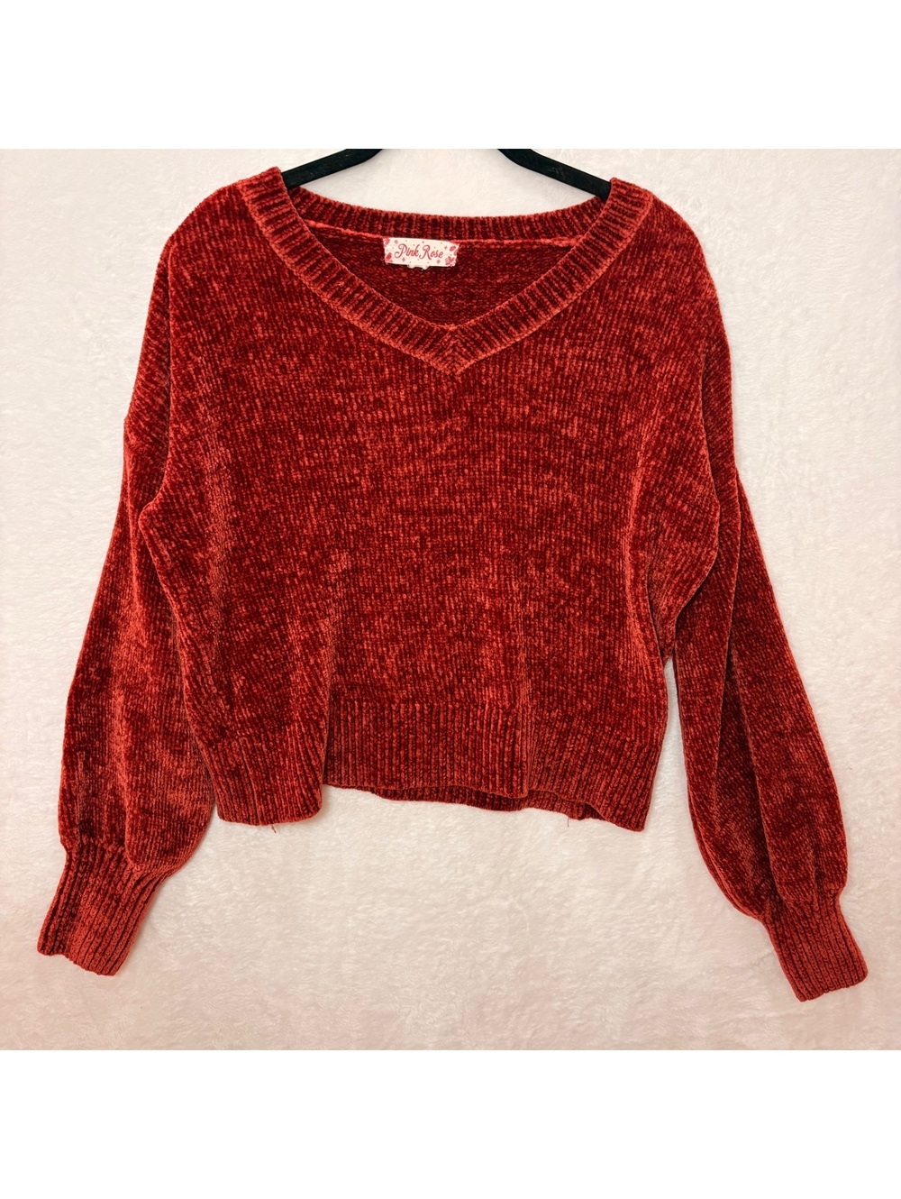 Pink Rose Dark Burnt Orange Red Chenille V-Neck Sweater Women’s Medium Cropped